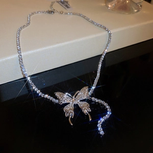 Butterfly Pendant Necklace With Rhinestone Tassel Copper Silver Plated Tennis Chain For Women Trendy Jewelry