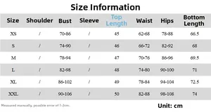 Detailed size chart for women's two-piece set including bust, waist, and length in cm