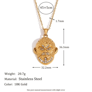 Collier pendentif singe en acier inoxydable plaqué or 18K avec pierres de cristal