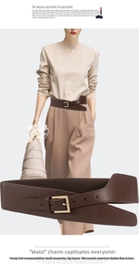 Detail of wide brown leather waist belt with elegant gold buckle for women's dresses