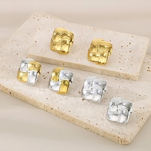 Vintage Square Woven Texture Stud Earrings Stainless Steel Embossed Geometric Metallic Style For Women