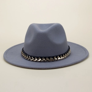Classic grey wool fedora hat with elegant gold chain and black woven band decoration