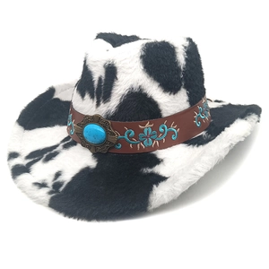 Cow Print Cowboy Hat Faux Fur Western Wide Brim With Turquoise Embroidery Leather Band Bohemian Style For Outdoor Party