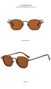 Macro detail of retro square leopard print sunglasses with tea lenses and metal bridge