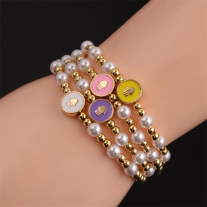 Hamsa Hand Beaded Bracelet Copper Gold Beads Faux Artificial Pearl Enamel Charm Elastic Stretch Bohemian Lucky Jewelry For Women