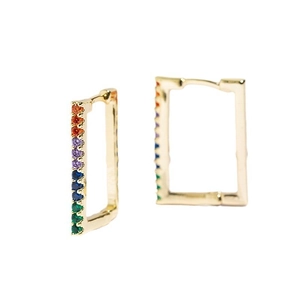 Close-up of golden rectangular earrings featuring vibrant multi-color rainbow zircons