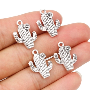 Set of four silver alloy cactus pendants on fingertips for DIY jewelry making