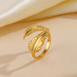 Gold-plated stainless steel feather ring with adjustable open band and detailed texture