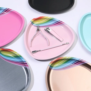 Colorful stainless steel jewelry trays with rainbow pattern for storage and nail tools