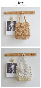 Detail of handmade macramé tote bags with complex diamond mesh texture and cotton rope
