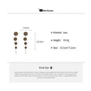 Size and material details of geometric circular tassel earrings, iron, 15.5cm by 3.2cm