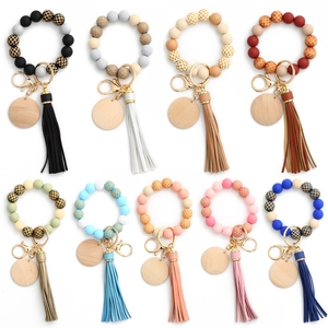 Silicone Bead Wristlet Keychain With Leather Tassel Wooden Chip Checkerboard Beaded Bracelet Key Ring For Women Fashion Jewelry
