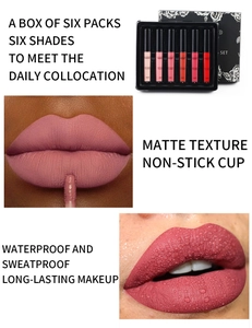Detail of 6-piece matte lip gloss set showing waterproof texture and vibrant lip swatches