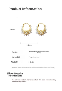 Detailed view of hollow pearl hoop earrings with 2.8cm x 2.2cm dimensions and silver posts