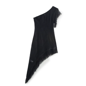 Y2K style off-shoulder black slimming long dress with fringe trim and side split design