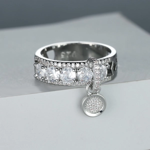 Elegant S925 sterling silver ring with sparkling zircon pavé band and round charm