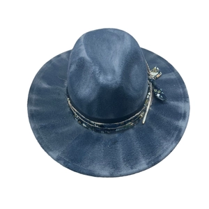 Chapeau fedora vintage bleu foncé à bord large avec ruban décoratif et plume