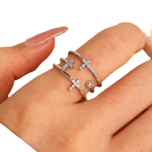 Multi-layer silver cross ring for women with micro-set zircon in a minimalist open design