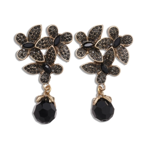Retro dark style floral earrings with grey rhinestones and black faceted teardrop beads