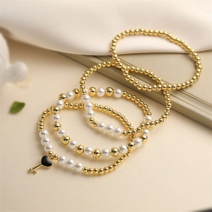 Beaded Bracelet With Copper Beads And Imitation Artificial Pearls Heart Key Pendant Elegant Elastic Fashion Jewelry For Women