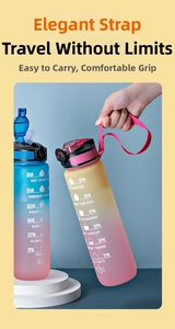 Close-up of gradient plastic water bottle with time markers and woven carry strap