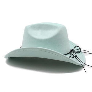 Detail of mint blue faux suede western cowboy hat with minimalist black rope trim decoration