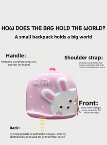 Detail of pink rabbit backpack showing honeycomb breathable back and wide shoulder straps