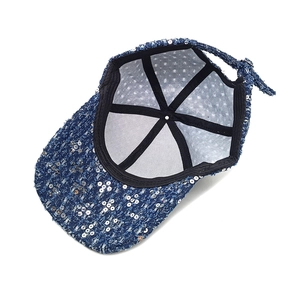 Blue denim baseball cap with silver sequins and adjustable strap for women
