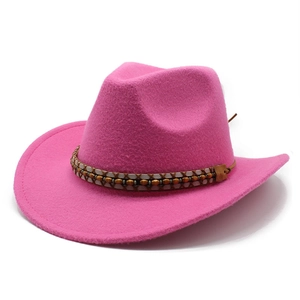 Detail of pink wool felt cowboy hat with ethnic braided band and wooden beads