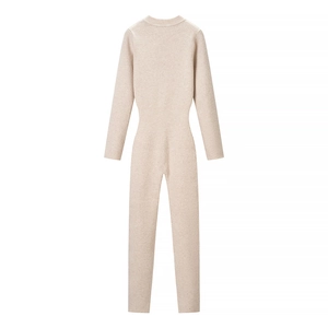 Women's knit jumpsuit with half-zipper in cream white, long sleeve casual flat lay style