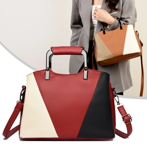 Women Contrast Color Tote Bag Lychee Pattern PU Leather Metal Handle Crossbody Handbag Fashion Casual Large Capacity