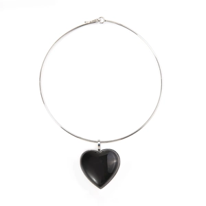 Minimalist silver choker necklace featuring a large polished black heart pendant charm