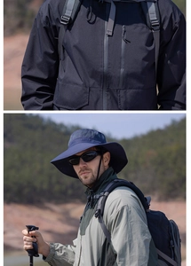 Detail of outdoor sun protection set with dark functional jacket and wide brim fishing hat