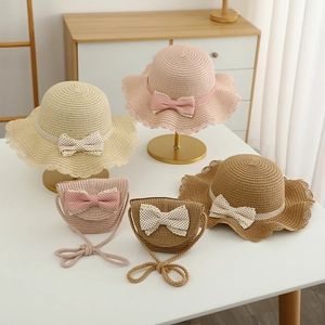 Toddler Girls Straw Sun Hat And Matching Shoulder Bag With Polka Dot Bowknot Lace Trim Wavy Brim Sweet Summer Outdoor