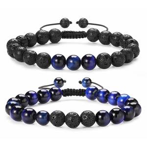 Natural Tiger Eye Stone Lava Rock Beads Magnetic Heart Couple Bracelet Adjustable Woven Rope Healing Energy Jewelry Unisex