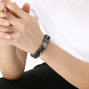 Polished gun black 16mm thick curb chain bracelet for men with square clasp on wrist