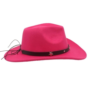 Close-up of pink western cowboy hat with black leather band and silver star detail