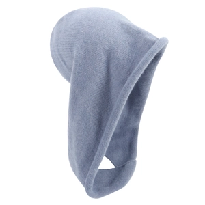 Side view detail of a light blue knitted balaclava showing fine texture and 3D silhouette
