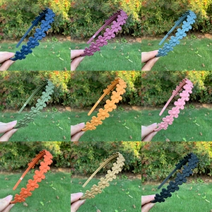Collage of matte non-slip headbands with small flower details in nine assorted candy colors