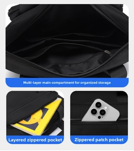Close-up of the multi-compartment main storage space and zipper pockets on the business bag