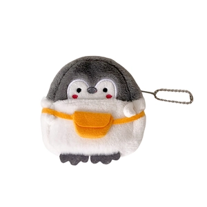 Cute penguin plush coin purse with yellow crossbody bag and metal bead chain keychain