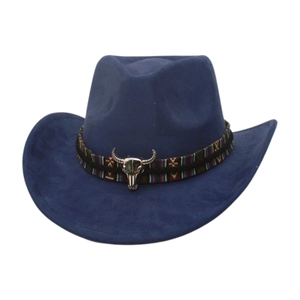 Detail of navy blue felt cowboy hat featuring ethnic band and silver bull head ornament
