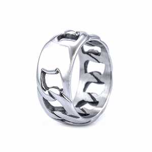 Polished silver stainless steel ring featuring a wide hollow chain link industrial design