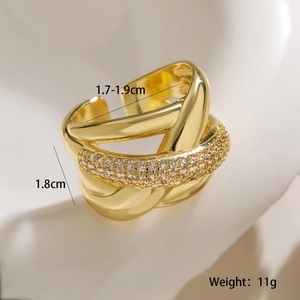 Macro detail of gold irregular geometric ring with pave zircons and size specifications