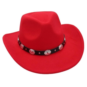 Macro detail of red wool fedora featuring black leather band and silver metal studs