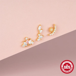 S925 sterling silver gold butterfly earrings set with pink and white zirconia studs