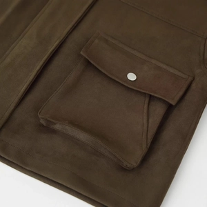 Dark brown faux suede bomber jacket with turn-down collar and large flap pockets