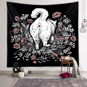 Detail showing high-quality polyester wall tapestry with black cat and floral illustration