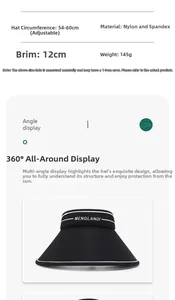 Detailed size specifications for adjustable black sun visor with 12cm wide brim