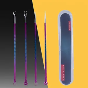 4-piece stainless steel acne needle tool set with purple-blue gradient finish and case